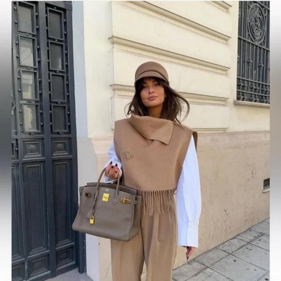 ZARA ASYMMETRICAL FRINGED WOOL BLEND CAPE - Picture 2 of 10